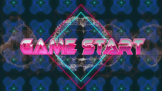 Pattern cycling causing neon GAME START swooping diamond forming and arcs pulsing signaling start - Powered by Adobe