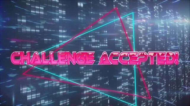 On start, pink 3D 'CHALLENGE ACCEPTED!' emerging, rotating with neon triangles showing tech victory