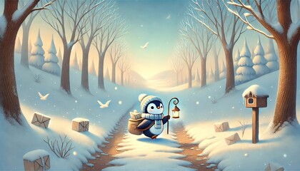 A Tiny Penguin Mail Carrier Delivering Letters Along a Thawing Forest Path in the Gentle Warmth of Early Spring