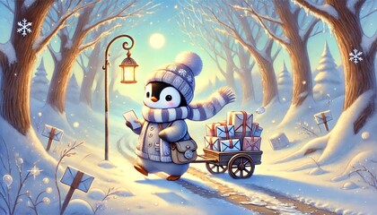 A Delightful Penguin Mail Carrier Pulls a Cart of Glowing Letters and Packages Along a Snow-Melting Forest Path on a Sunny Day, Welcoming the Gentle Arrival of Spring