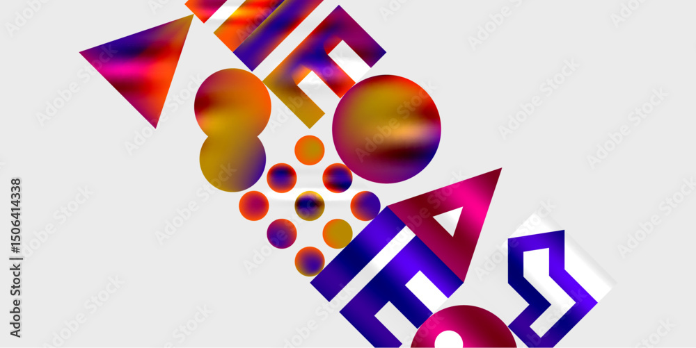 Poster abstract shapes, vibrant colors, geometric forms. letters overlap, creating dynamic composition agai