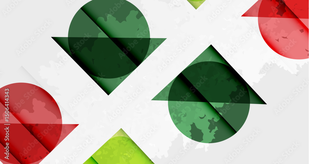 Poster abstract design features overlapping geometric shapes. red, green, white hues create textured, moder