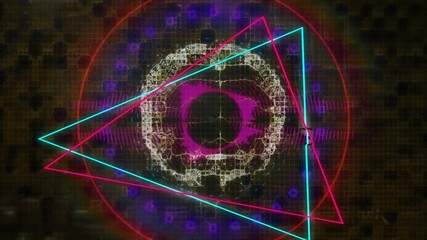 Opening cyan magenta ring forming, network and red circle merging, triangles rotating into mandala - Powered by Adobe