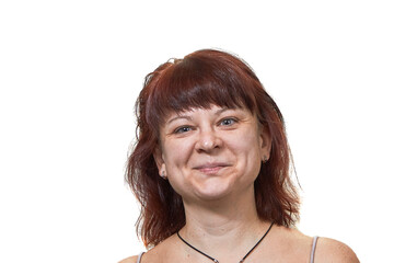 Cheerful happy mature beautiful woman looking at camera smiling laughing .Isolated of a white background.