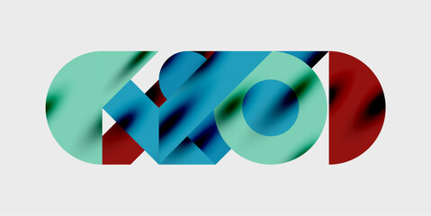 Abstract design features overlapping colorful circles, creating dynamic visual effect. Composition uses blue, red, turquoise hues.