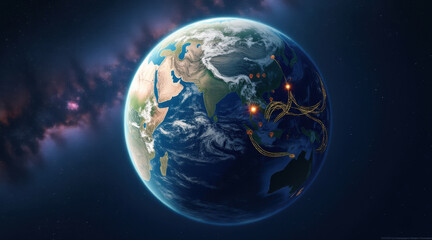 Earth from space with glowing data points, digital network lines connecting Asia and Australia, global communication, technology, and connectivity concept