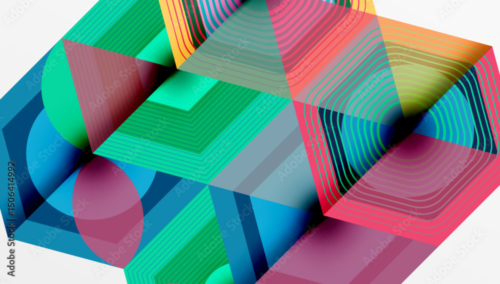 Aufkleber Abstract geometric composition. Colorful layers intersect, creating dynamic visual texture. Lines, shapes blend seamlessly. Modern design.
