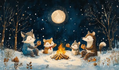 whimsical watercolor of woodland animals sharing gifts around a campfire in a snowy clearing, under a crescent moon, Generative AI