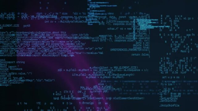 Purple neon beam emerging causing code scrolling pulsing in blue text revealing scattering glyphs