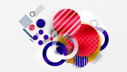 Abstract geometric composition. Overlapping circles, stripes, dots create dynamic visual effect. Modern design elements present.