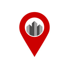 city building inside pin location vector logo