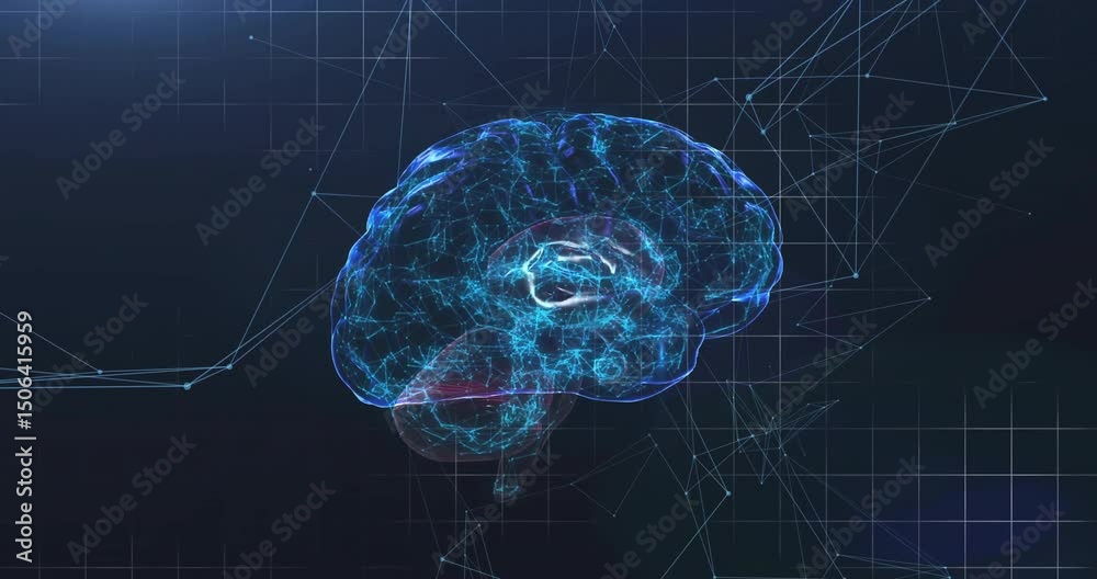 Poster on opening, holographic brain floating and rotating left while visualizing neural network in lab