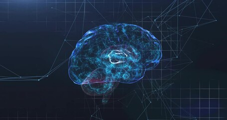On opening, holographic brain floating and rotating left while visualizing neural network in lab - Powered by Adobe