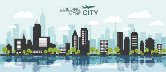 Obraz premium White building in the city with skyscraper perspective architecture vector illustration
