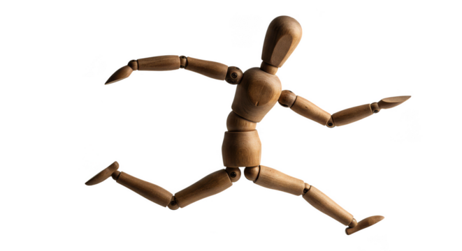 Running Wooden Mannequin Figure in Motion on Transparent Background