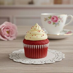 red velvet cupcake with cream cheese frosting and red sprinkles, placed on a white doily. A vintage teacup and saucer sit in the background