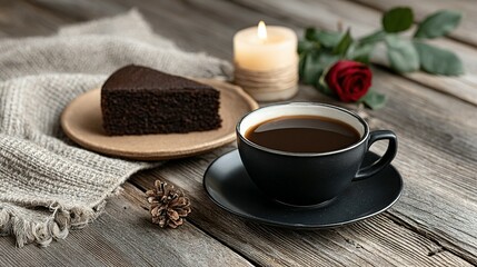 Dark chocolate cake slice and coffee with a rose on a rustic wooden table.