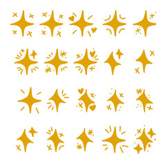 Set of golden sparkle stars hand drawn vector illustration
