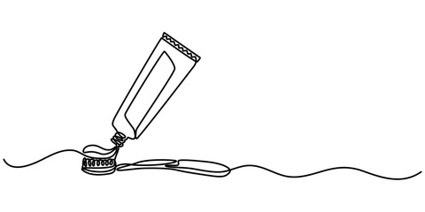 Obraz premium Continuous one line drawing of toothbrush and toothpaste, one line art toothbrush and toothpaste vector illustration. line art, one continuous line, Continuous line drawing toothbrush with toothpaste.
