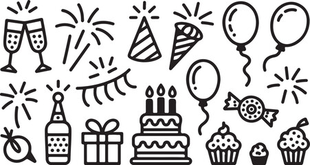 Birthday doodle icon element. Hand drawn sketch doodle birthday cake, balloon, event decoration element. Party, carnival celebration concept background. Vector illustration