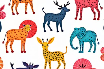 Colorful Animal Pattern for Kids - Giraffes, Deer, Elephants and More