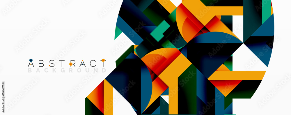 Poster Geometric shapes overlap, creating vibrant colorful pattern. Modern design features layered elements, dynamic composition.