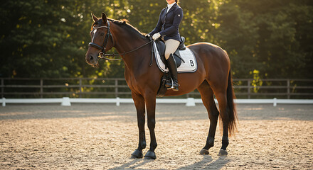 Elegant dressage horse with rider in formal attire bathed in golden sunlight
