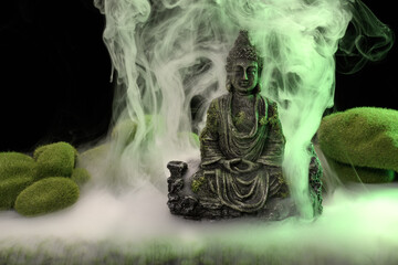Homemade buddha statue with fake moss and grass surrounded with swirling mist and fog Handmade and...