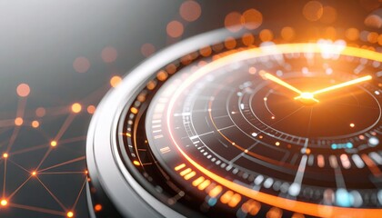 Modern futuristic digital clock with glowing orange and white neon accents in a high-tech abstract background
