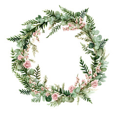 Fototapeta premium Watercolor floral wreath with eucalyptus leaves and pink roses isolated on transparent background
