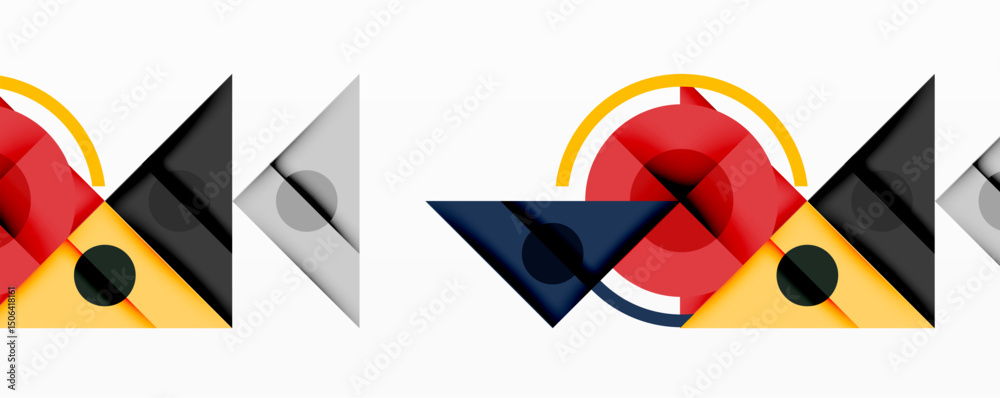 Poster Abstract geometric composition. Shapes overlap, creating dynamic visual rhythm. Colors include red, black, yellow, gray, navy. Minimalist design.