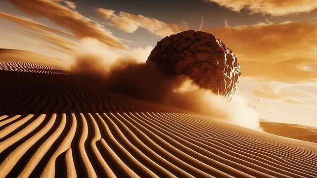 Giant rock rolling in desert 