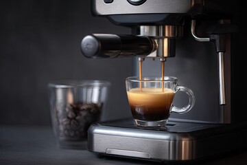 Espresso machine dispensing rich, dark espresso into a clear glass cup. Coffee beans are visible nearby on a dark countertop