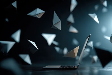 Ethereal, light grey triangular shapes float around a sleek laptop on a dark background, suggesting digital data or connectivity