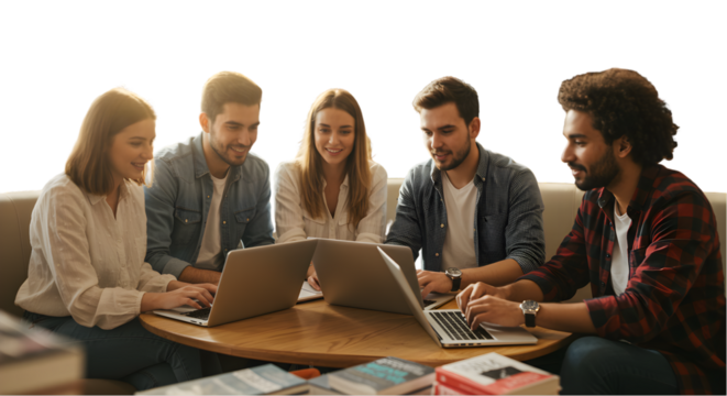 Group Of Young Professionals Working Together On Laptops In Cafe Photo
