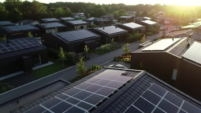 Aerial view of a neighborhood featuring rooftops with solar panels, representing sustainable living and clean energy. The scene showcases a community focused on eco-friendly practices.