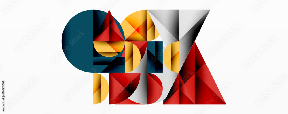 Poster Abstract geometric composition. Shapes overlap, creating dynamic visual interest. Colors include red, gold, teal, gray. Modern design.