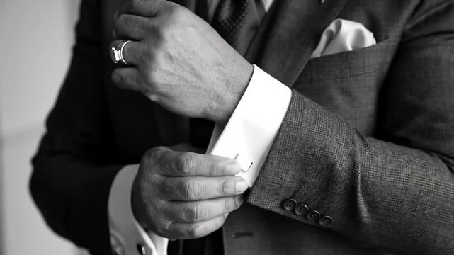 Elegant Groom's Attire: A gentleman in a suit is adjusting his cufflinks