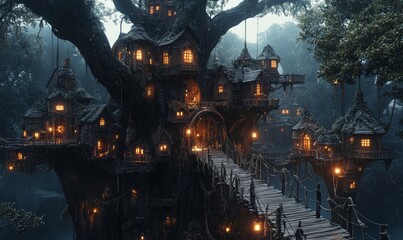 Fototapeta premium bustling fantasy city built on giant tree trunks, with rope bridges connecting houses and glowing lanterns lighting the way, Generative AI