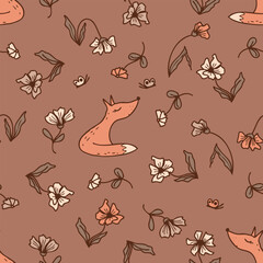 Hand drawn seamless pattern with fox and flowers in trendy mocha mousse colors. Perfect print for scrapbooking, card, textile and fabric. Doodle vector illustration.