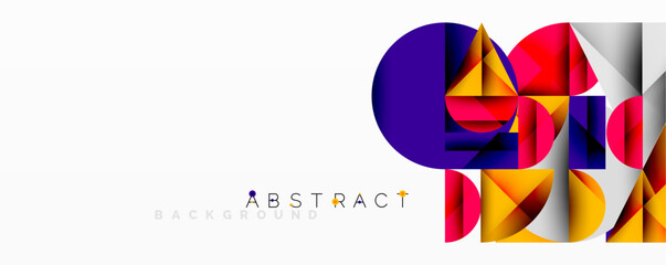 Geometric shapes overlap, creating vibrant abstract composition. Purple, red, yellow tones dominate white background. Modern design element.