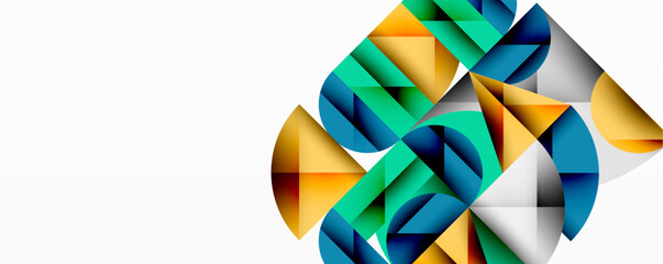 Abstract geometric composition. Shapes overlap, creating dynamic visual interest. Colors include teal, gold, blue, white. Modern design.