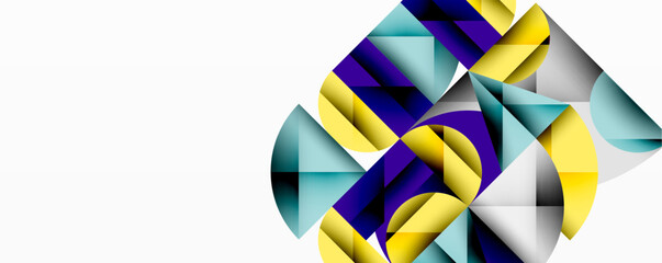 Abstract geometric shapes, vibrant colors, modern design. Composition features triangles, curves, overlapping forms, creating dynamic visual effect.