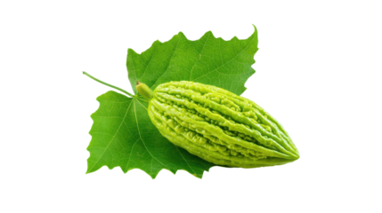 Fresh Green Bitter Melon with Leaf on Transparent Background
