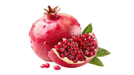 Fresh Pomegranate with Slice and Leaves on Transparent Background