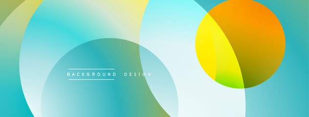 Obraz premium Abstract background features overlapping circles. Colors blendturquoise, yellow, orange, white. Modern design evokes fluidity, simplicity.