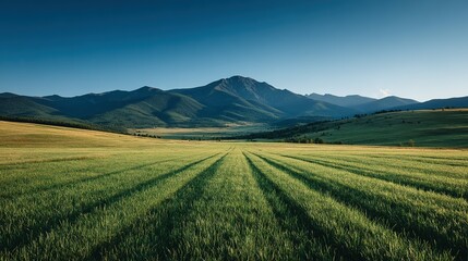 Naklejka premium Lush green field stretches towards a mountain range under a clear sky.
