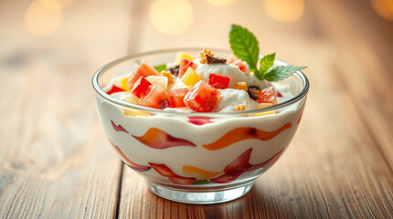 Yogurt parfait with colorful toppings in a glass bowl on a wooden surface