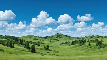 Obraz premium Lush green hills and a vast sky filled with fluffy clouds.