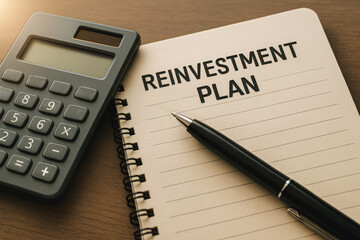 Reinvest plan concept with calculator pen and notebook on desk for financial planning idea
